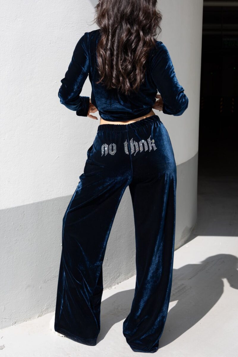 Nothinkin Logo Strass Wide Leg Velvet Παντελόνι Queen Μπλε