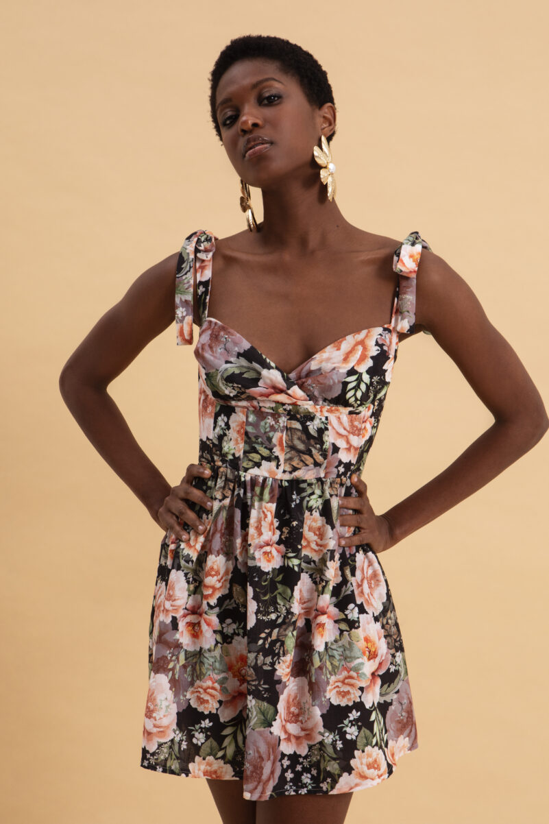 Eveleya PEONIES LOVE MINI LINEN DRESS