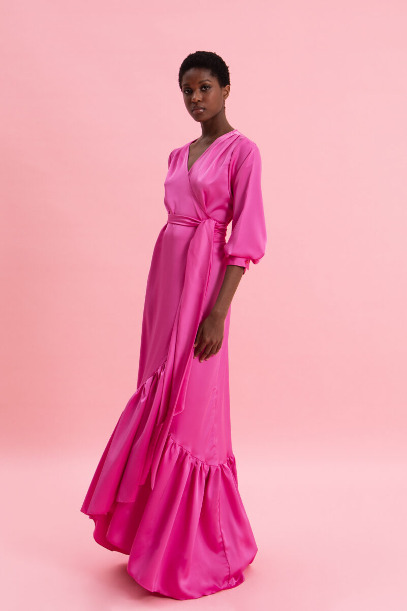 Eveleya PINK CASCADE SATIN WRAP DRESS