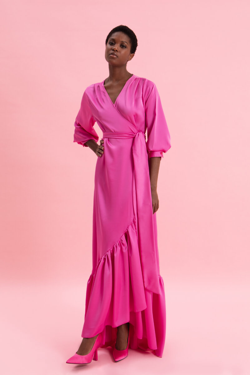 Eveleya PINK CASCADE SATIN WRAP DRESS - Image 2